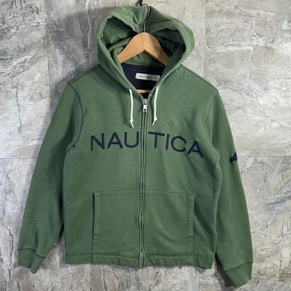 Nautica green embroidered zip up hoodie Spell‎ Out Mens Size XS #nautica